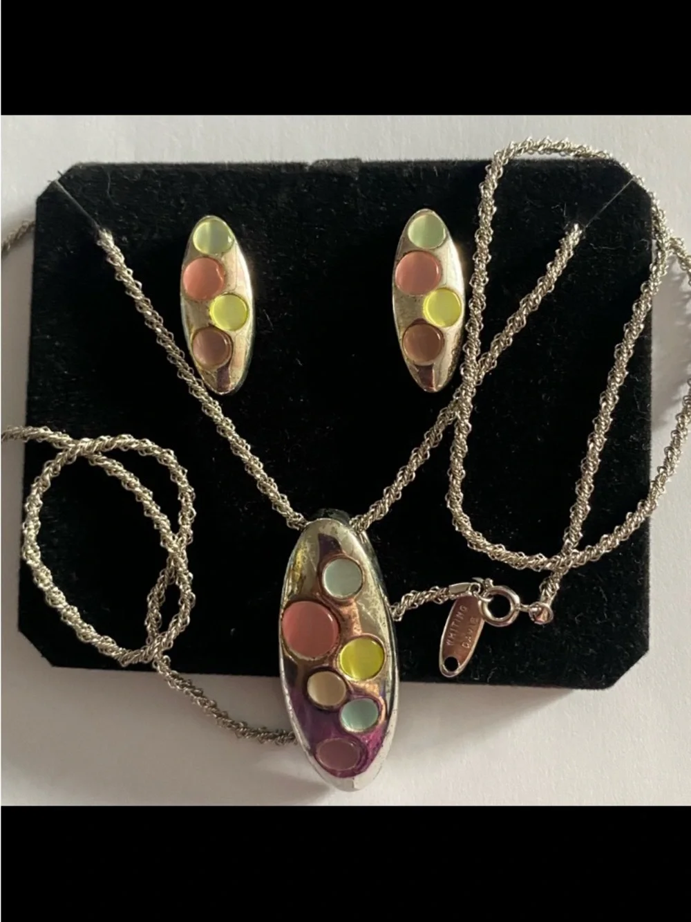 Rare! Vintage Whiting Davis Silver Earrings Pendant & Intricately Woven Chain Se